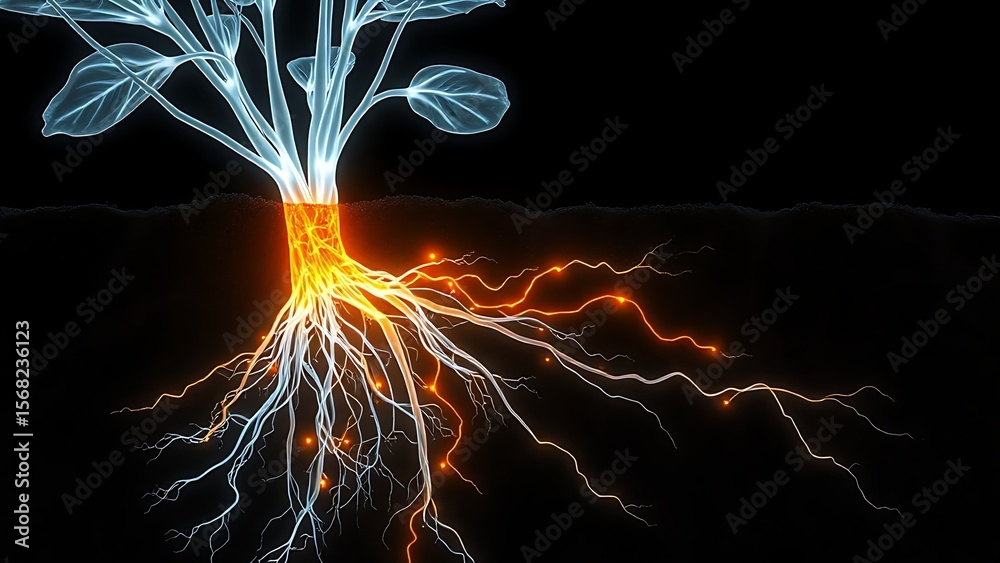 Obraz premium An X-ray view of plant roots unveiling a hidden glowing network weaving through the soil.