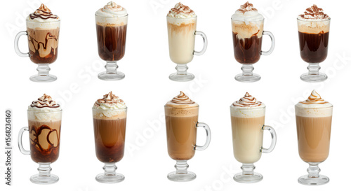 Ten glasses of various iced coffee drinks with whipped cream isolated on transparent background