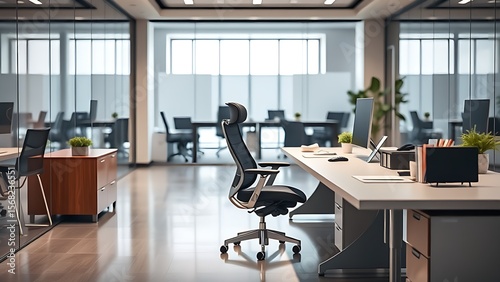 Contemporary ergonomic office workspace with glass partitions