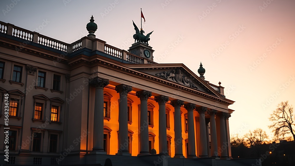 Naklejka premium Majestic neoclassical architecture bathed in golden hour light at dusk.