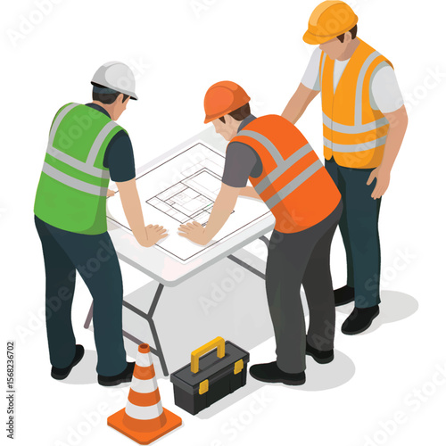 Three construction workers wearing safety vests and hard hats collaborating on a blueprint plan isolated on white background