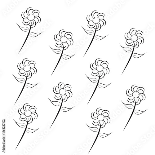 A seamless pattern of simple black line art flowers, each with curved petals, slender stems, and two leaves on a white background