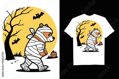 Spooky Bear is depicted as a mummy for Halloween T-Shirt – Cute Spooky Cartoon with  Bats and Horror Background.