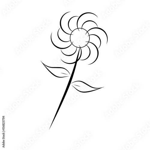 A simple black line art of a flower with curved petals, two pointed leaves, and a slender stem on a white background