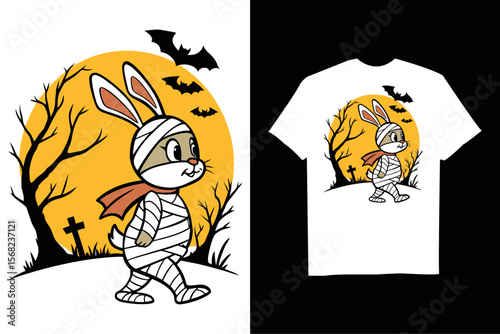 Spooky Bunny is depicted as a mummy for Halloween T-Shirt – Cute Spooky Cartoon with  Bats and Horror Background.