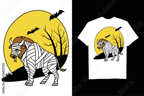 Spooky Bison is depicted as a mummy for Halloween T-Shirt – Cute Spooky Cartoon with  Bats and Horror Background.