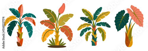 Colorful abstract funky tropical plants, palm trees, mid-century modern retro style with geometric patterns, perfect for vibrant, stylish decor and graphic design projects