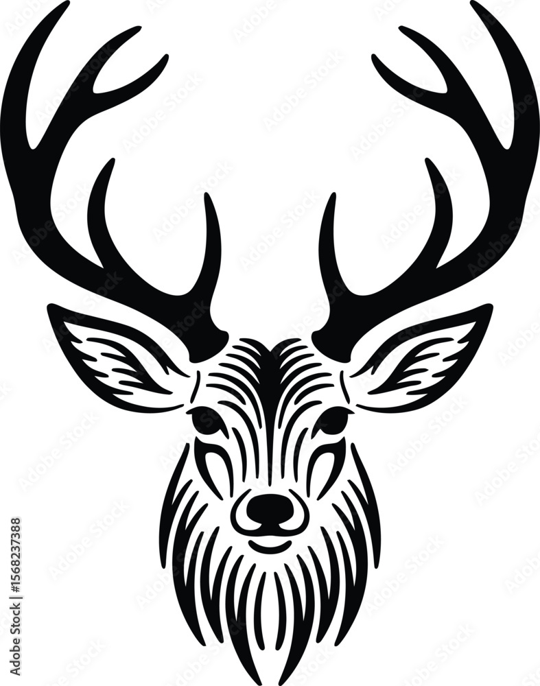 Naklejka premium Elegant Deer Head with Antlers in Black Silhouette Style