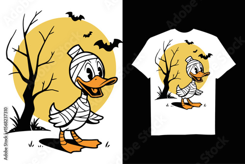 Spooky Duck depicted as a mummy for Halloween T-Shirt – Cute Spooky Cartoon with  Bats and Horror Background.