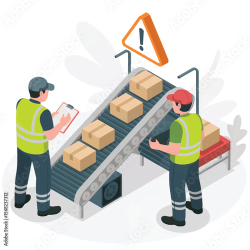 Two workers in high visibility vests inspecting packages on a conveyor belt with a warning sign isolated on white background