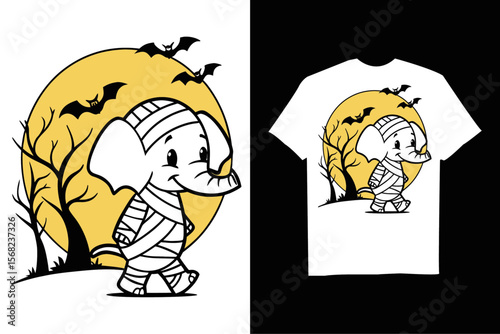 Spooky Elephant is depicted as a mummy for Halloween T-Shirt – Cute Spooky Cartoon with  Bats and Horror Background.