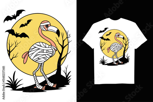 Spooky Flamingo is depicted as a mummy for Halloween T-Shirt – Cute Spooky Cartoon with  Bats and Horror Background.