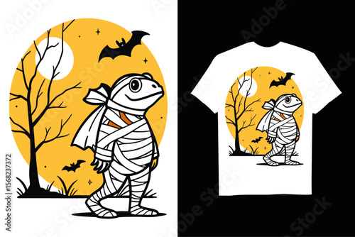 Spooky Frog depicted as a mummy for Halloween T-Shirt – Cute Spooky Cartoon with  Bats and Horror Background.