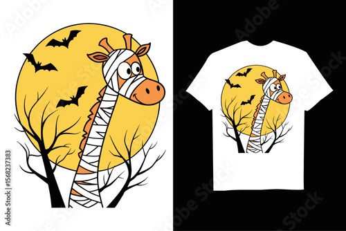Spooky Giraffe is depicted as a mummy for Halloween T-Shirt – Cute Spooky Cartoon with  Bats and Horror Background.