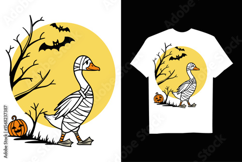 Spooky Goose is depicted as a mummy for Halloween T-Shirt – Cute Spooky Cartoon with  Bats and Horror Background.