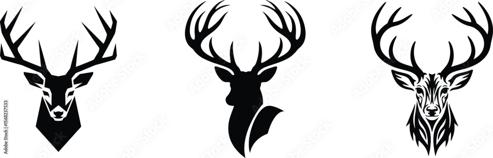 Naklejka premium Three Deer Head Designs with Antlers in Black and White Silhouette