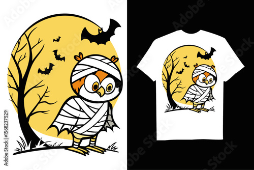 Spooky Owl is depicted as a mummy for Halloween T-Shirt – Cute Spooky Cartoon with  Bats and Horror Background.