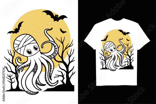 Spooky Octopus is depicted as a mummy for Halloween T-Shirt – Cute Spooky Cartoon with  Bats and Horror Background.