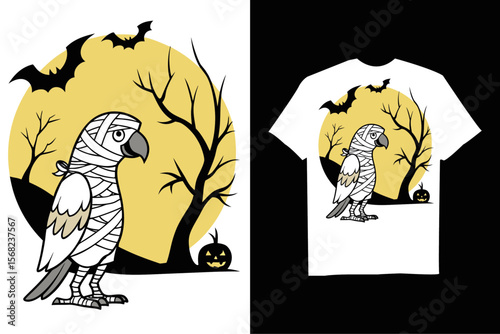 Spooky Parrot is depicted as a mummy for Halloween T-Shirt – Cute Spooky Cartoon with  Bats and Horror Background.