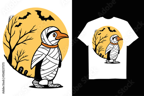 Spooky Penguin is depicted as a mummy for Halloween T-Shirt – Cute Spooky Cartoon with  Bats and Horror Background.