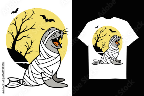Spooky Sea Lion is depicted as a mummy for Halloween T-Shirt – Cute Spooky Cartoon with  Bats and Horror Background.