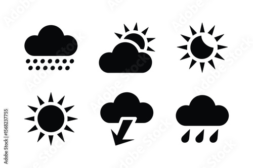 Weather icons depicting rain sun clouds lightning and eclipse vector