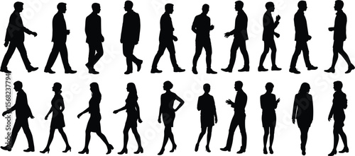 Business people walking silhouettes, professional men and women in motion, side view black figures, teamwork concept, isolated vector illustration bundle