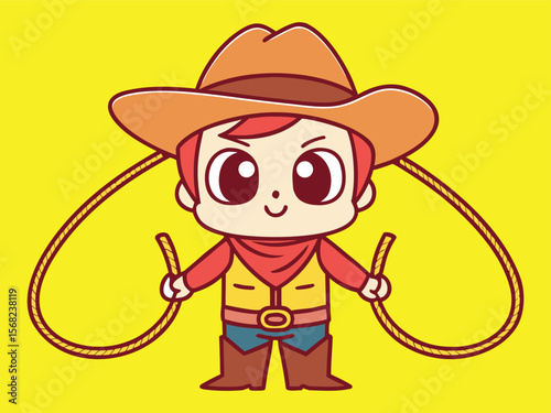 Cartoon Cowboy with Lasso: Cute Character Illustration on Vibrant Yellow Background