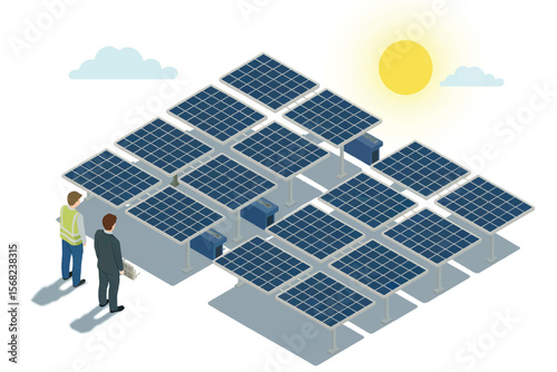Two businessmen inspect a solar panel array under a bright sun with clouds in the sky isolated on white background