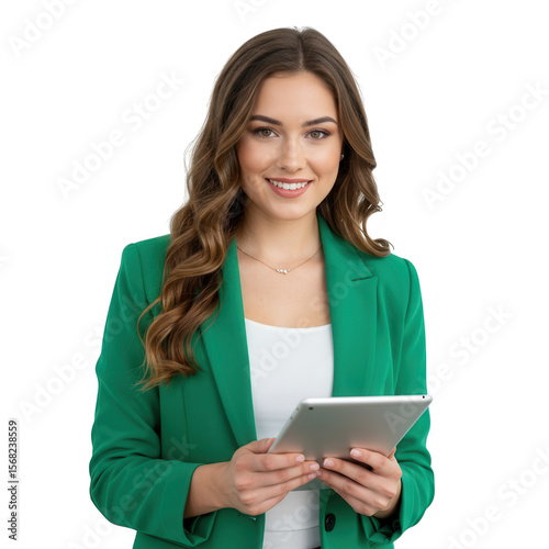 A smiling woman in a green blazer holds a tablet isolated on transparent background