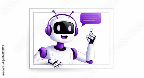 Illustration of a friendly robot with headphones pointing up with a speech bubble on a white background