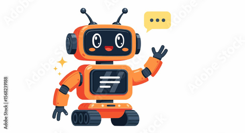 Orange robot with a smiling face waving its hand and a speech bubble with ellipsis near its head