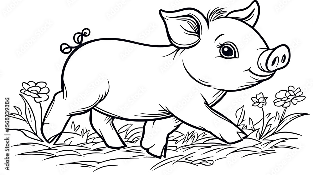 Fototapeta premium Cute piglet in a field of flowers.