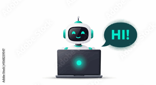 A cute robot with a speech bubble saying hi sitting behind a laptop on a white background vector art
