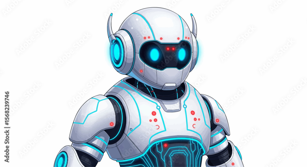 Illustration of a futuristic white robot with blue lights and red accents on a white background