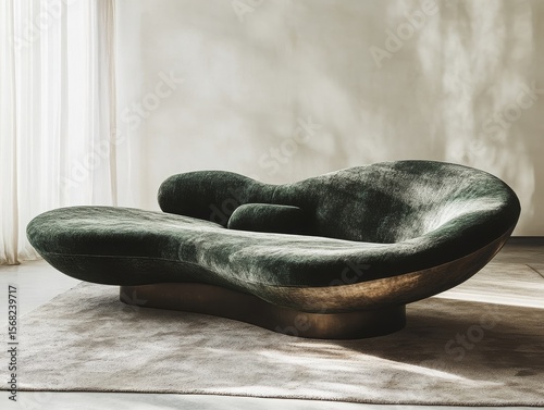 Serene Modern Interior: Organic Velvet Sofa with Sculptural Base Bathed in Natural Light, Contemporary Design for Relaxation and Sophisticated Living