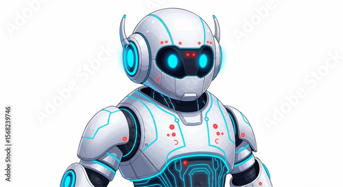 Illustration of a futuristic white robot with blue lights and red accents on a white background