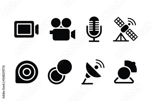 Black icons of communication and media equipment camera video camera