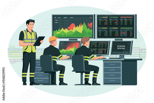 Three male workers wearing high visibility vests and hard hats monitor multiple computer screens displaying financial charts and system status information isolated on white background