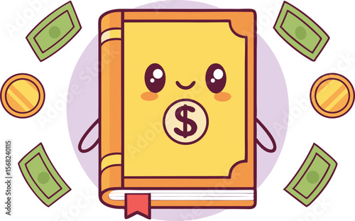 Cute money book character surrounded by coins and banknotes design vector illustration
