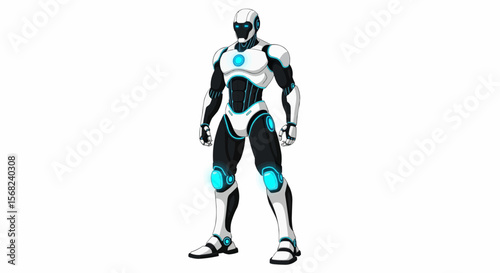 Illustration of a sleek futuristic robot standing with blue glowing accents on a white background
