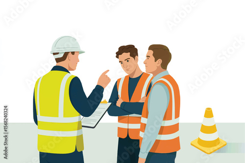 Construction workers in high visibility vests and hard hats discussing a clipboard project plan isolated on white background