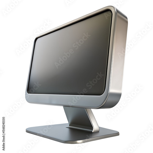 A 3d render of a modern computer monitor with a silver frame and base isolated on transparent background
