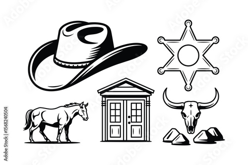 Cowboy hat sheriff badge horse skull and building silhouette bull skull