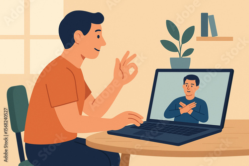 Flat vector illustration of man using sign language interpreter on laptop while working from home