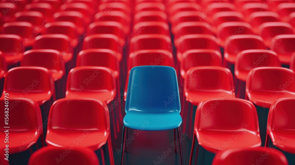 Fototapeta premium A single blue chair stands out in a sea of identical red chairs, symbolizing uniqueness and individuality