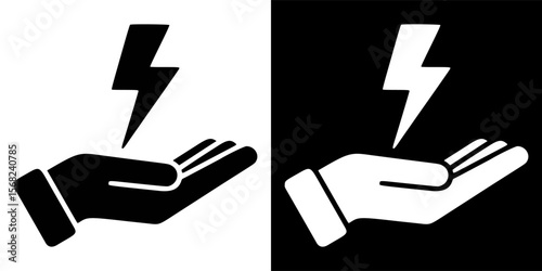 Hand with Lightning Bolt, Safety Warning Icon in Black and White
