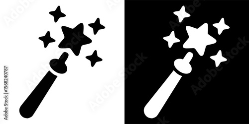 Black and white magic wand with stars, perfect for icons and graphics.