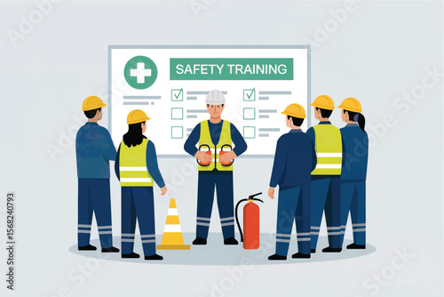 Diverse group of workers in hard hats and safety vests attending a safety training session with checklist isolated on white background