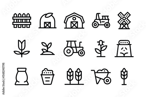 Farm icons representing rural life and agriculture barn tractor
